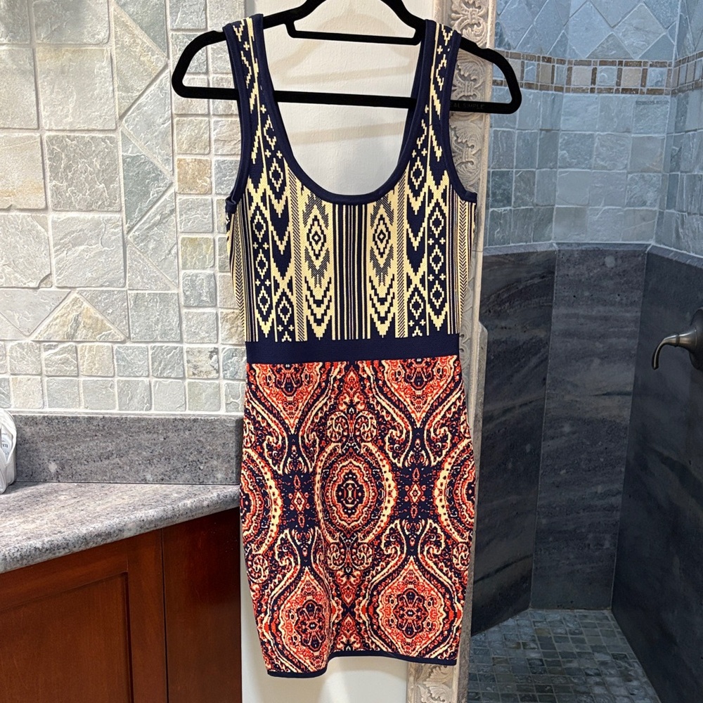 Elegant Patterned Mini Dress - Navy and Orange